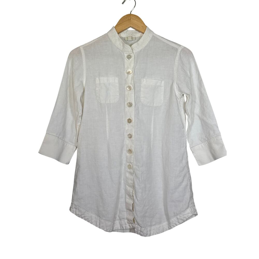 J Jill 100% Linen Mandarin Collar Top White 3/4 Sleeve Button Up XXS Petite